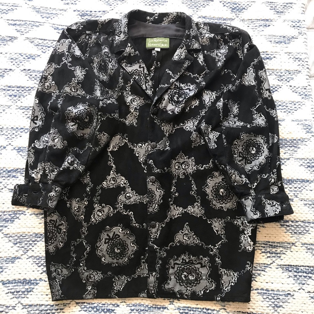VTG Liz Roberts Robert Elliot Suede Leather Shirt Jacket P Black Silver Pattern